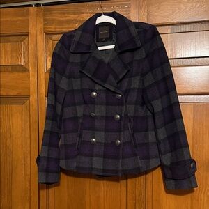 NWOT The Limited Dark Purple and Black Plaid Peacoat